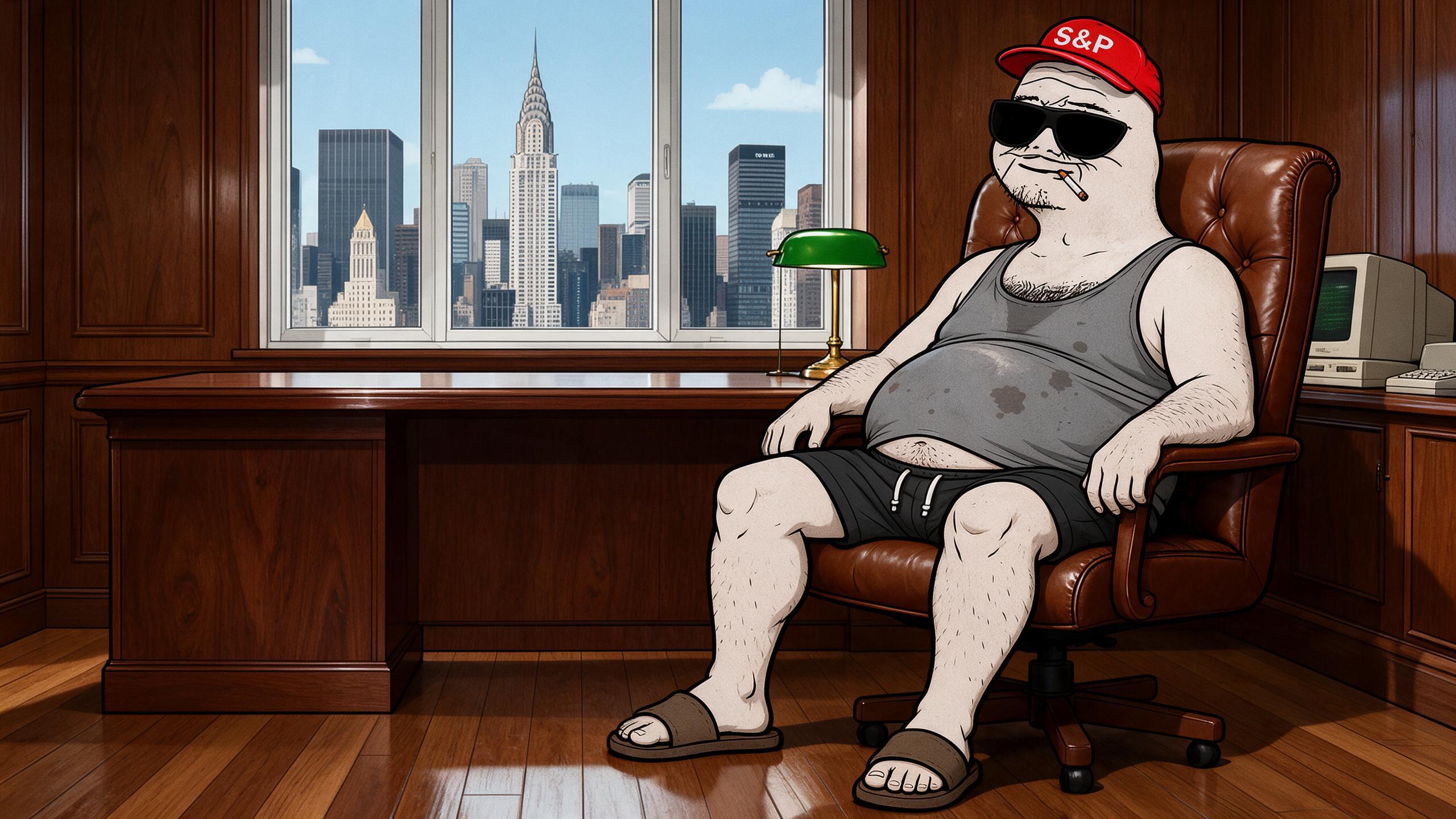 The $BOOMER sitting in a 1987 brokerage office — S&P cap, never sells